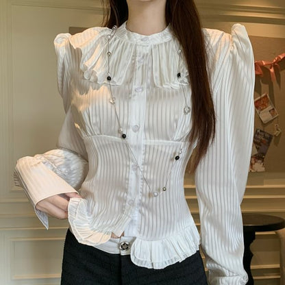 Striped Ruffle Blouse with Band Collar and Crop Vest Shorts Set