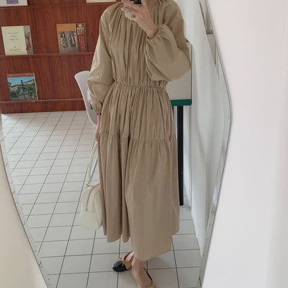 Long-Sleeve Round Neck Plain Ruched Maxi A-Line Dress