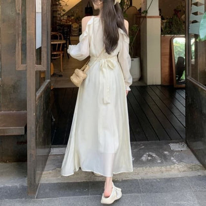 Long-Sleeve Cold Shoulder Plain Maxi A-Line Dress