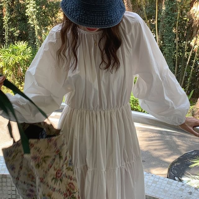 Long-Sleeve Round Neck Plain Ruched Maxi A-Line Dress