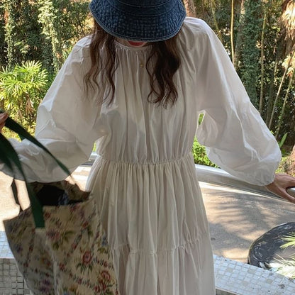 Long-Sleeve Round Neck Plain Ruched Maxi A-Line Dress