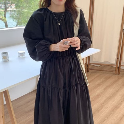 Long-Sleeve Round Neck Plain Ruched Maxi A-Line Dress