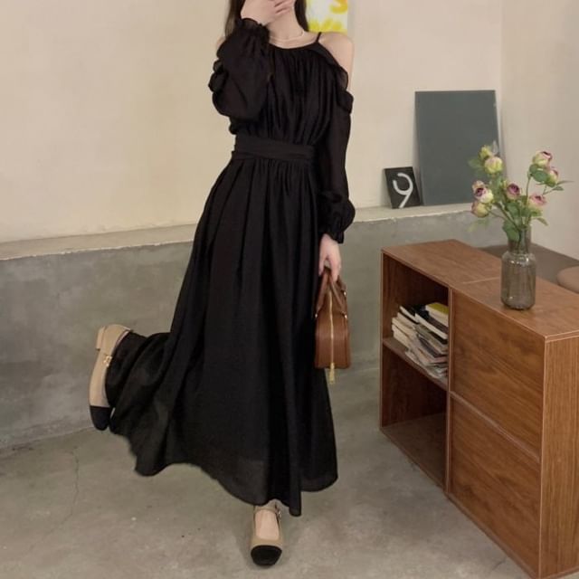 Long-Sleeve Cold Shoulder Plain Maxi A-Line Dress