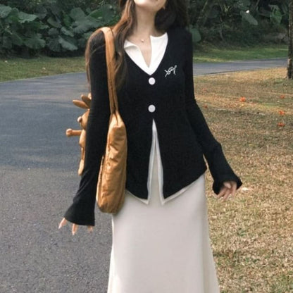 Long Sleeve V-Neck Mock Two Piece Button Slit Top