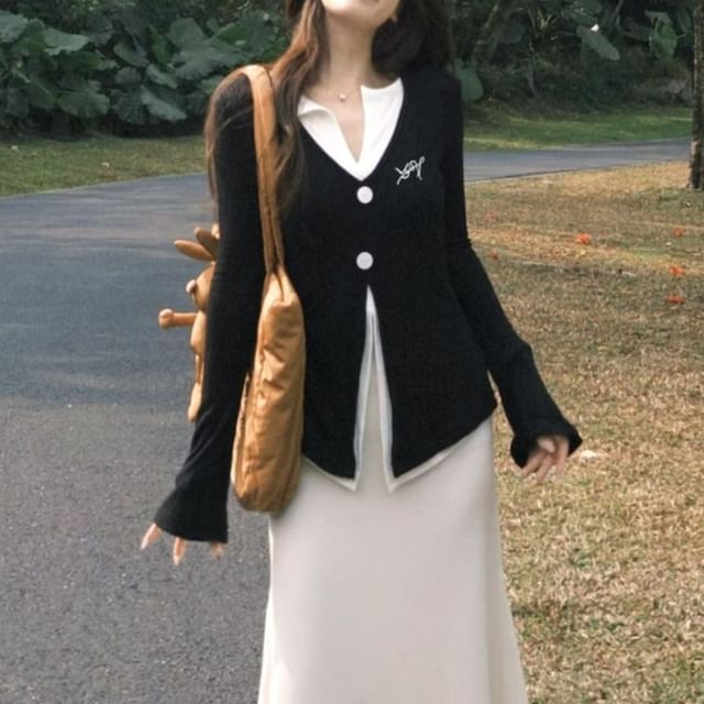 Long Sleeve V-Neck Mock Two Piece Button Slit Top