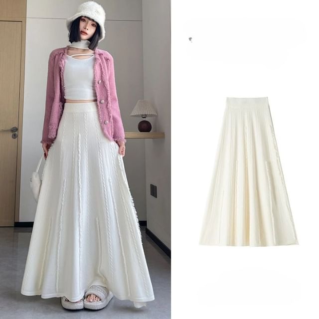 Fringed Knit Maxi A-Line Skirt - High Rise