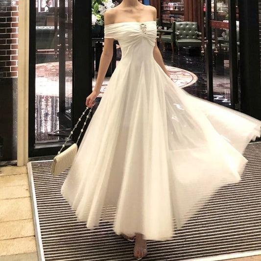 Off-Shoulder Plain Rhinestone Accent Mesh Maxi A-Line Dress