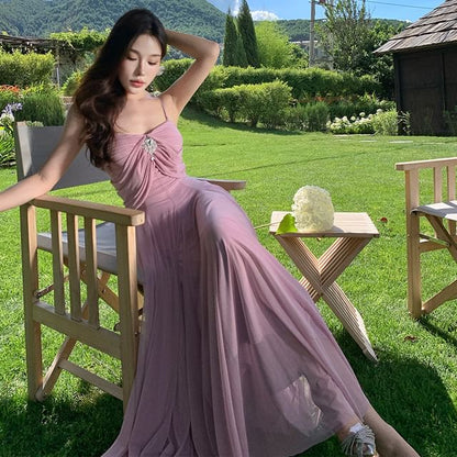 Off-Shoulder Plain Rhinestone Accent Mesh Maxi A-Line Dress