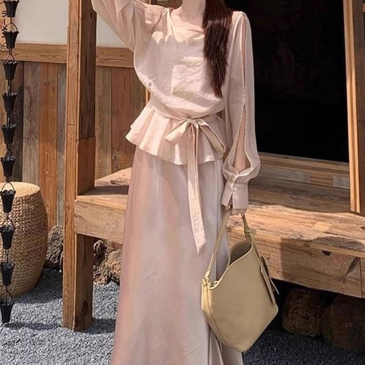 Crew Neck Knot Peplum Blouse & A-Line Maxi Skirt