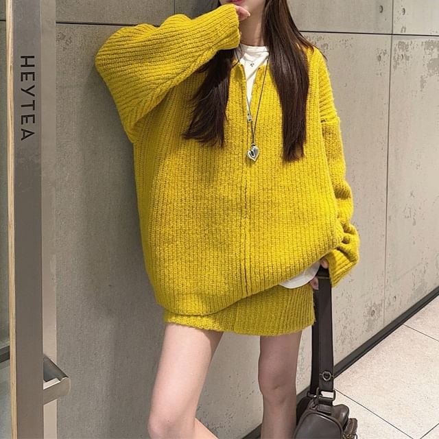Ribbed Zip Cardigan, Knit Mini Skirt & Leg Warmers Set
