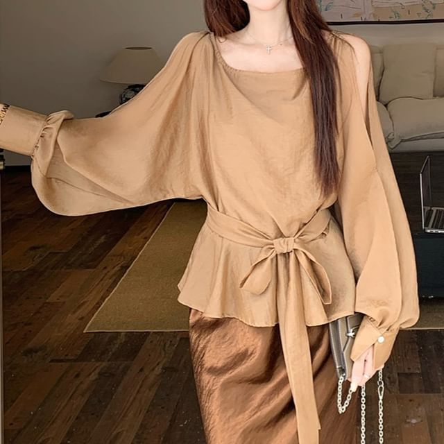 Crew Neck Knot Peplum Blouse & A-Line Maxi Skirt