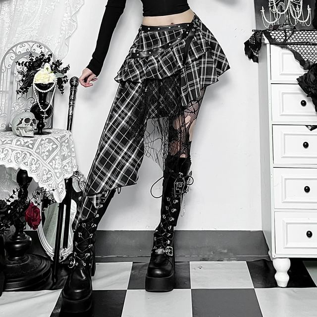 Square Neck Belted Top & Plaid Asymmetrical Mesh A-Line Skirt