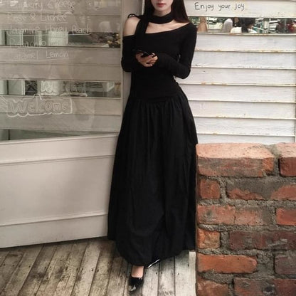Long-Sleeve Off-Shoulder Plain Maxi A-Line Dress