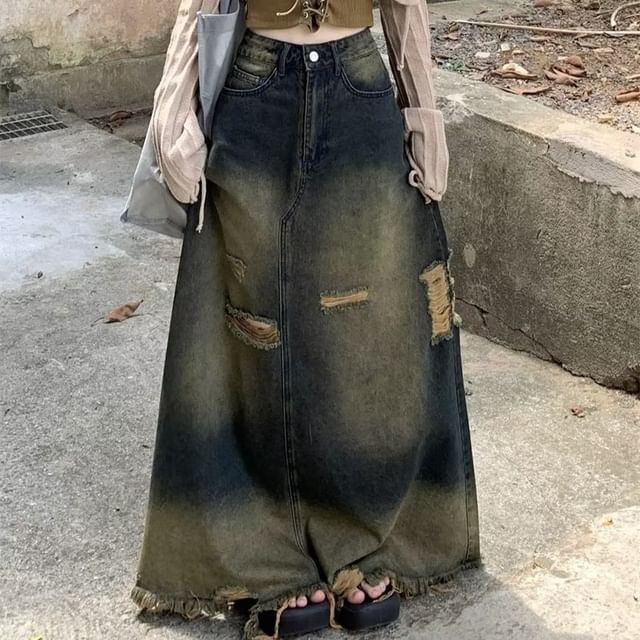 Distressed Denim Maxi A-Line Skirt - Fringed