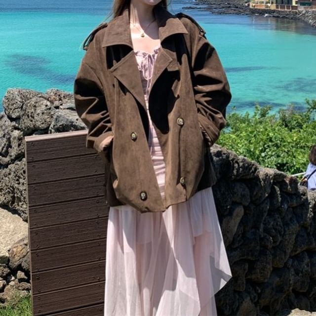 Lapel Collar Double Breasted Plain Jacket / Sleeveless Maxi A-Line Dress