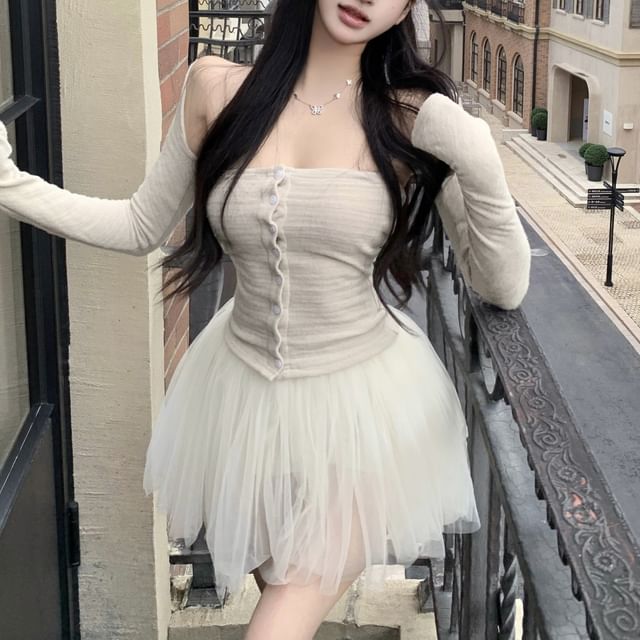 Button-Up Tube Top & Mesh Mini Skirt Set