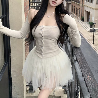 Button-Up Tube Top & Mesh Mini Skirt Set