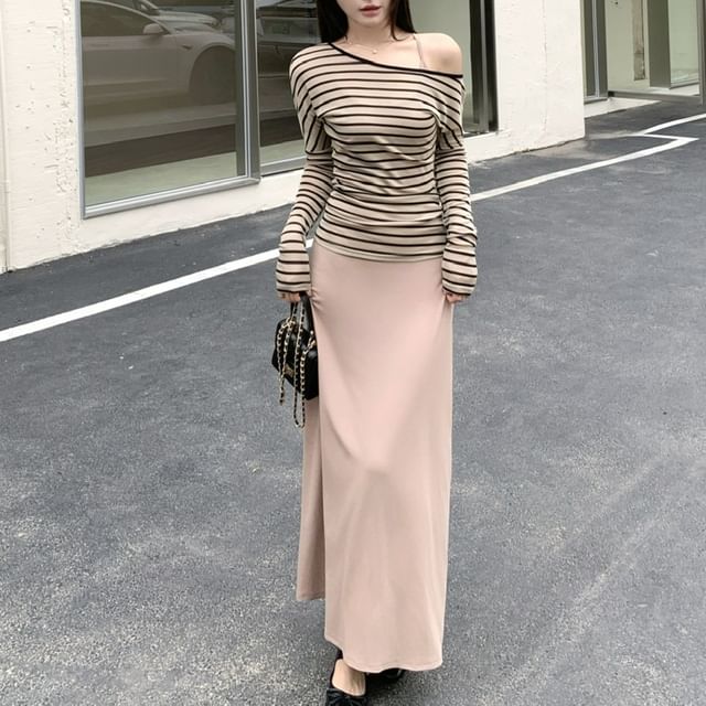 Long-Sleeve Off Shoulder Striped Top / Spaghetti Strap Maxi A-Line Dress