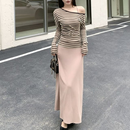 Long-Sleeve Off Shoulder Striped Top / Spaghetti Strap Maxi A-Line Dress