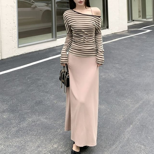 Long-Sleeve Off Shoulder Striped Top / Spaghetti Strap Maxi A-Line Dress