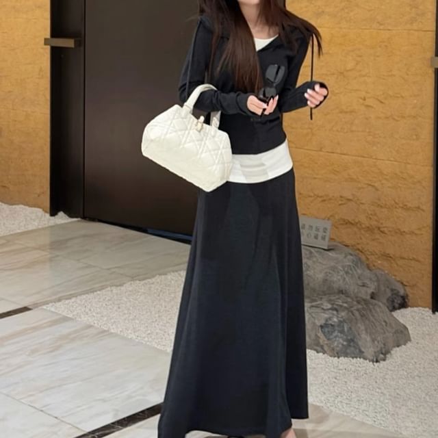 Hooded Top & Maxi A-Line Skirt Two-Piece