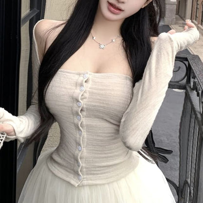 Button-Up Tube Top & Mesh Mini Skirt Set