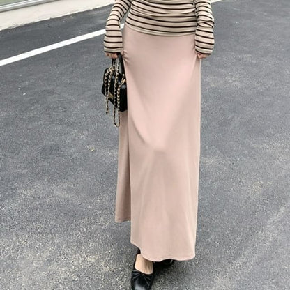 Long-Sleeve Off Shoulder Striped Top / Spaghetti Strap Maxi A-Line Dress