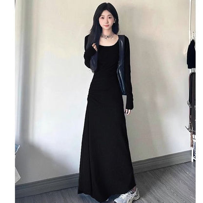Long-Sleeve Scoop Neck Plain Ruched Maxi A-Line Dress