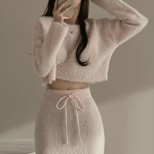 Long-Sleeve Knit Crop Top & Mini Skirt Set