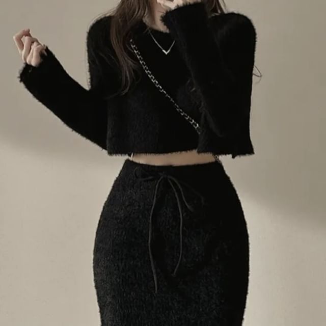 Long-Sleeve Knit Crop Top & Mini Skirt Set