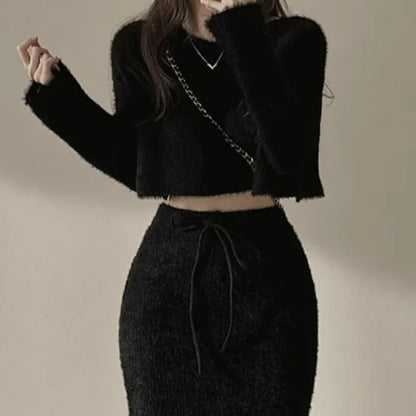 Long-Sleeve Knit Crop Top & Mini Skirt Set