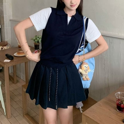 Mock Two-Piece Polo Top with Short Sleeves and Mini Pleated Skirt