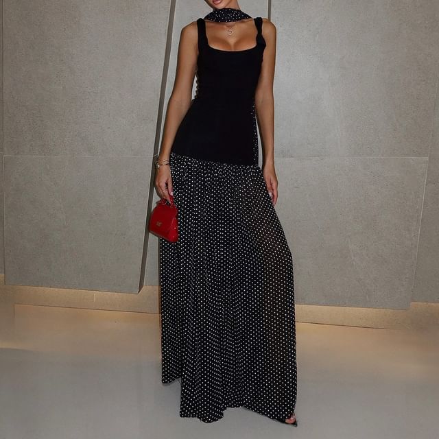 Sleeveless Square Neck Dotted Panel Maxi A-Line Dress
