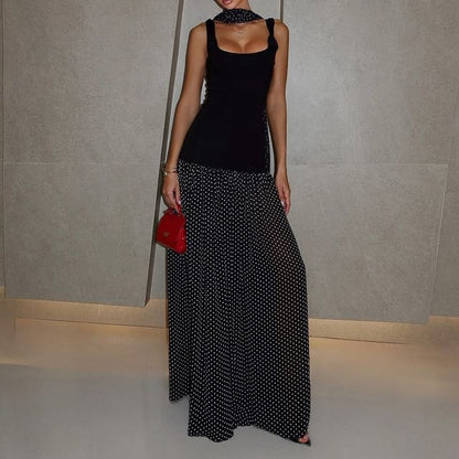 Sleeveless Square Neck Dotted Panel Maxi A-Line Dress