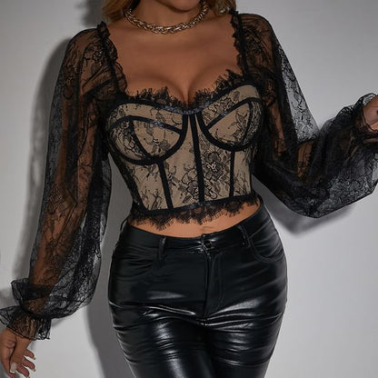 Lace Overlay Bustier Top with Sweetheart Neck and Long Sleeves
