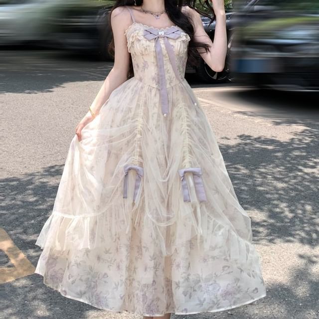 Spaghetti Strap Floral Print Maxi A-Line Dress / Plain Cardigan / Set