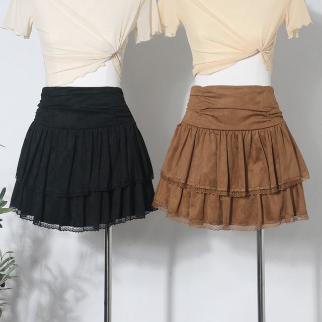 Lace Trim Mini A-Line Layered Skirt
