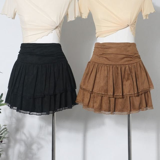 Lace Trim Mini A-Line Layered Skirt
