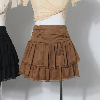 Lace Trim Mini A-Line Layered Skirt
