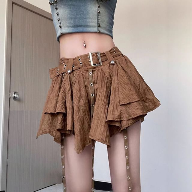 Low Rise Asymmetrical Grommet Fringed Mini A-Line Skirt