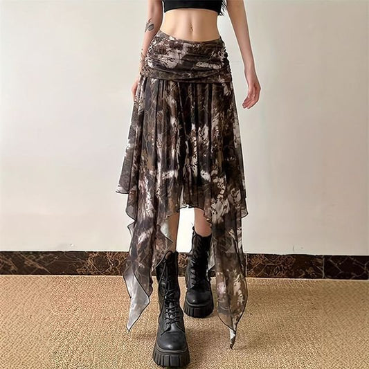 Tie Dye Asymmetrical Ruched Mesh A-Line Skirt