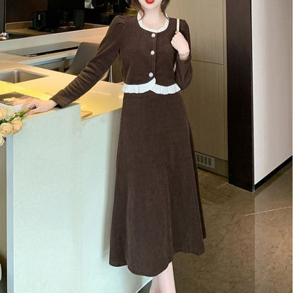 Corduroy Button Top & Midi A-Line Skirt Set