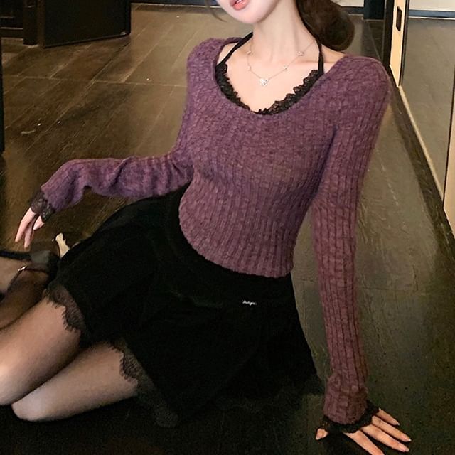 Ribbed Lace Top with Halter Mock Two-Piece and Long Sleeve Design