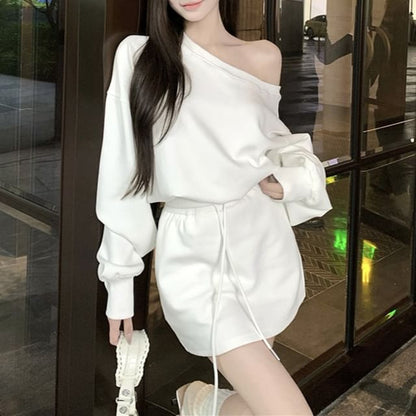 Two-Piece Set: One-Shoulder Sweatshirt and Drawstring Mini Pencil Skirt