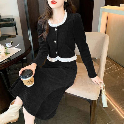 Corduroy Button Top & Midi A-Line Skirt Set