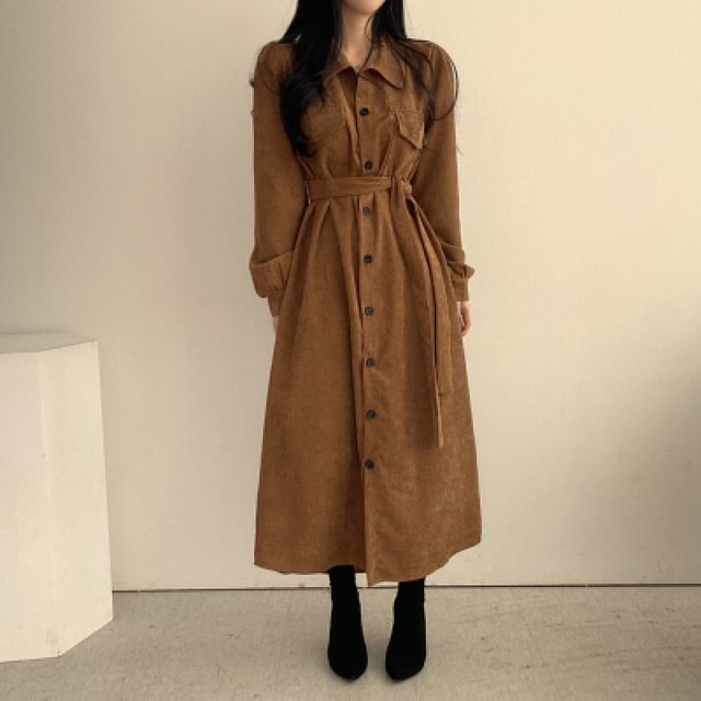 Long Sleeve Collared Plain Corduroy Maxi A-Line Shirt Dress