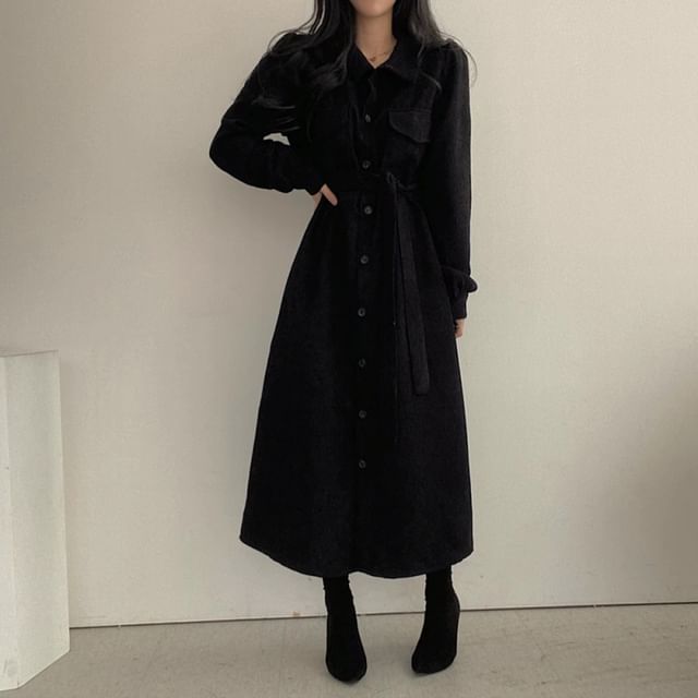 Long Sleeve Collared Plain Corduroy Maxi A-Line Shirt Dress