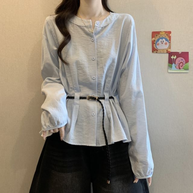 Plain Peplum Blouse with Round Neckline and Extended Sleeves