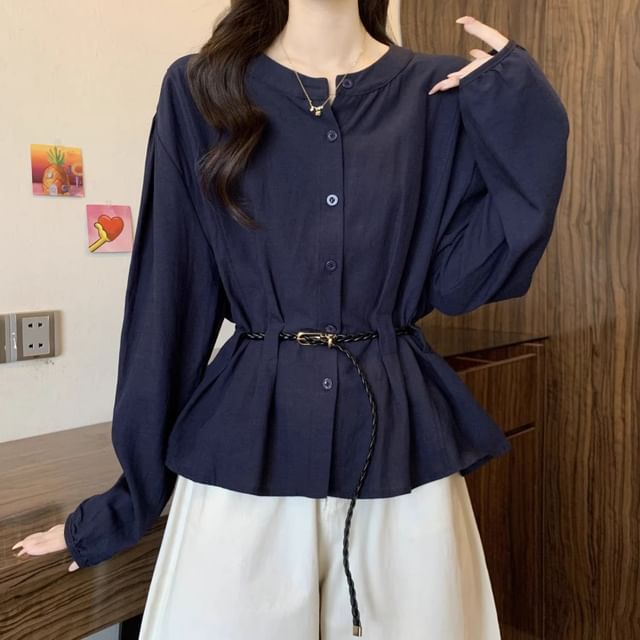 Plain Peplum Blouse with Round Neckline and Extended Sleeves