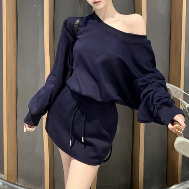 Two-Piece Set: One-Shoulder Sweatshirt and Drawstring Mini Pencil Skirt